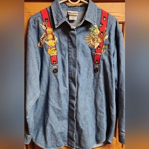 Disney Winnie The Pooh Denim Shirt Jacket Womens L Embroidered Piglet Characters